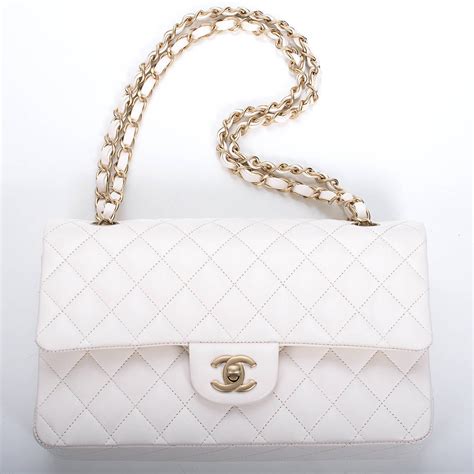 white chanel bag with gold|chanel classic white handbag.